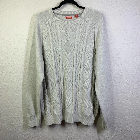 IZOD Sweater Light Grey Cotton Cable Knit Preppy Irish Ski Crew Neck- NWT - Picture 5 of 13
